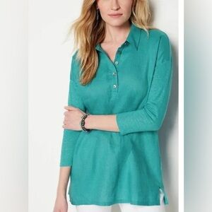 J. Jill Love Linen Collection 100% Linen Tunic Top - PETITE L - AQUA - EUC